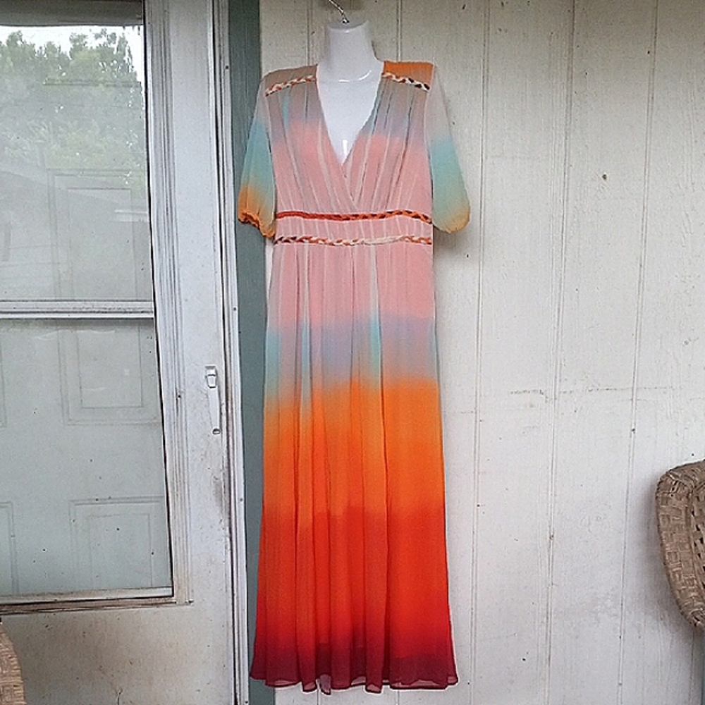 eShakti Pink Ombre Multi Color V-Neck Maxi Sundress W/ Pockets. Stunning Size8/9